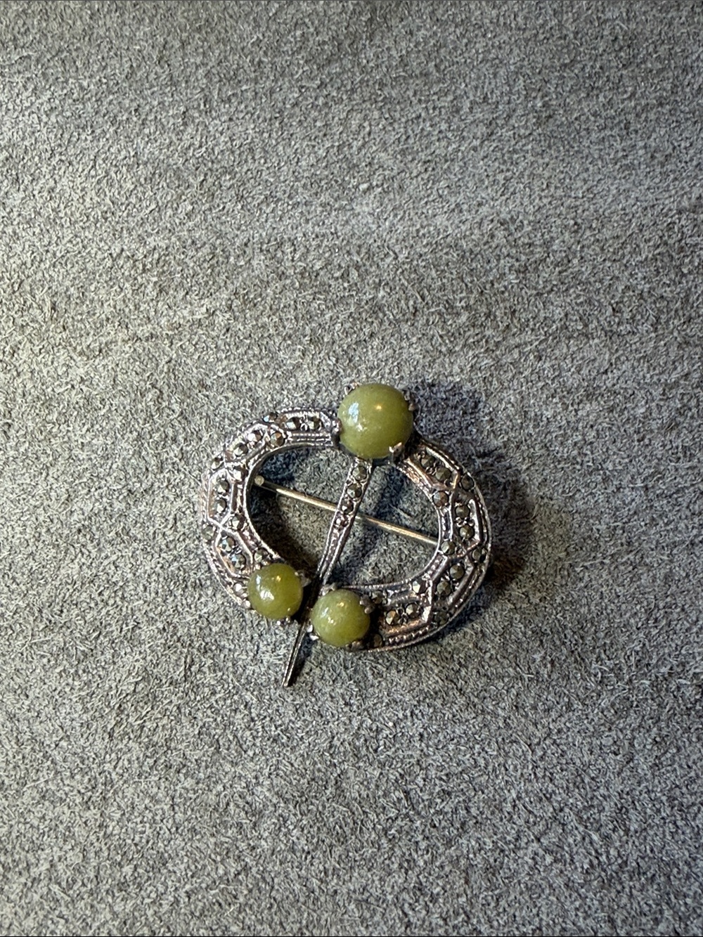 Vintage Sterling Silver Celtic Buckle Circle Brooch - Marcasite and Green Stones